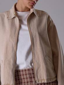 MUSERA 宽松版型翻领拉链长袖牛仔外套，春夏街头风，适合书店、音乐会、节日等场合，返校季、工作、办公室、冬季休闲等各种场合，尽显时尚魅力。 - 米色 - 查看 5