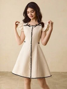 少女盖袖方领束腰派对鸡尾酒婚礼优雅连衣裙，适合返校、万圣节、圣诞节 - 杏色 - 查看 5