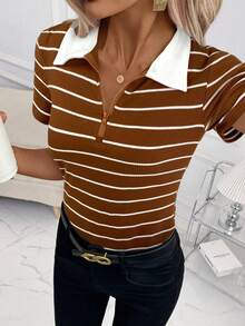 SHEIN Clasi Women's Striped Knit Short Sleeve Polo Shirt, Elegant T-Shirt For Daily Wear