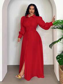 Veslaya 加大码优雅通勤纯色前扣长连衣裙，圣诞红 - 紅色 - 查看 4