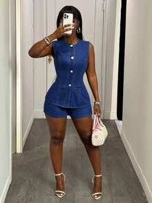 Slaydiva 女士夏季圆领单排扣牛仔背心和短裤休闲套装 - 深色水洗藍 - 查看 6