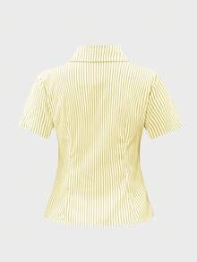 Chiquease ChicEase 法式修身黄白条纹短袖优雅女式办公室衬衫 - 黃色 - 查看 10