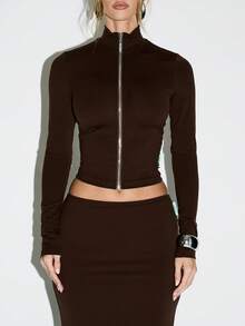 KIZN 拉链高领短款上衣和长裙套装，适合女士冬秋优雅紧身连衣裙派对俱乐部晚装 - 咖啡棕 - 查看 5