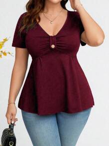 Rometta Plus Size Plain V-Neck Ruffle Hem Short Sleeve Casual T-Shirt, Summer, For Thanksgiving