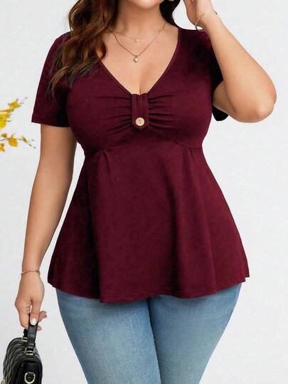 SHEIN Clasi Camiseta casual de manga corta con cuello en V sin estampado y volantes en el bajo, talla grande, para el verano, para el Día de Acción de Gracias