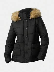 Girlism Áo khoác trùm đầu bông xù Colorblock thường ngày cho bé gái tuổi teen, mùa đông - màu đen - Xem 4