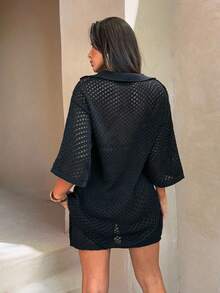 EURMUSE Casual Oversized Mesh Knit Top With Polo Collar - Perfect For Layering In Black Set With Shorts - Black - View 2