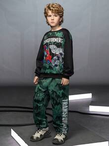 Transformers X SHEIN Tween Boy 休闲时尚街头迷彩机器人字母图案卫衣和运动裤套装，春秋季 - 彩色 - 查看 4