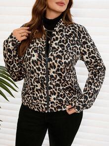 EMERY ROSE Plus Size Women Casual Leopard Print Blend Jacket, Autumn/Winter Fall - Black - View 2