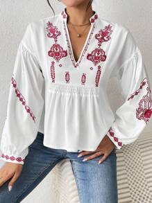 SHEIN LUNE Women's Shirred Graphic Print Long Sleeve Button Shirt Peplum Top Fall Cloth For Women