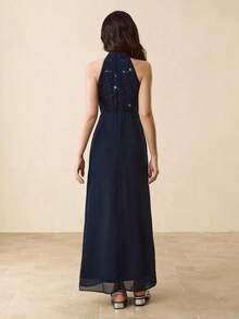 Teenage Girl Contrast Lace Sequin Ruffle Design Elegant Halter Party Dress Fall Winter - Navy Blue - View 2