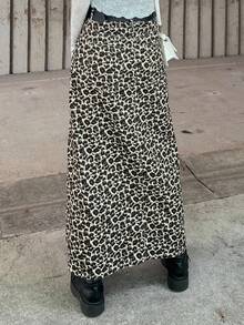 FRIFUL 女士豹纹侧开衩长款休闲牛仔裙 - 棕色 - 查看 4