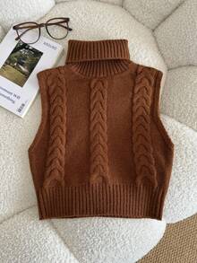 SHEIN Serisse Kids Tween Girl 2pcs Sleeveless Woolen Twist Turtleneck Knitted Top, Solid White & Coffee Brown, Fall Winter Clothes - Multicolor - View 6