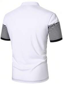 Manfinity Mode 男士流行条纹休闲亨利领 Polo 衫，时尚街头风格，适合日常穿着 - 黑與白 - 查看 2