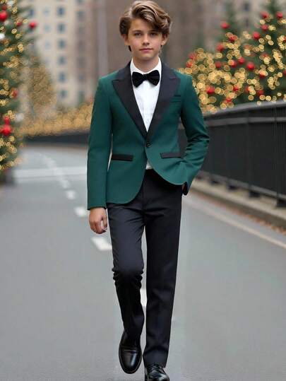 SHEIN Set de 2 piezas Traje formal de negocios para niños preadolescentes, chaqueta y pantalones de corte slim con solapa muescada, adecuado para bodas, fiestas, ceremonias, actuaciones y ocasiones formales