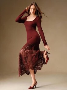 Anewsta 酒红色法式刺绣镂空拼接长袖连衣裙，适合婚礼、毕业典礼、秋季、冬季、外出、优雅、正式、时尚、新年、圣诞节、派对等场合。