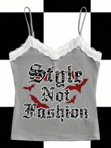 Aak Seksowna koszulka z odkrytymi plecami i koronką Y2K, z nadrukiem w kształcie nietoperza i gotyckiego napisu, odpowiednia na imprezę i Halloween - Biały - Zobacz 1