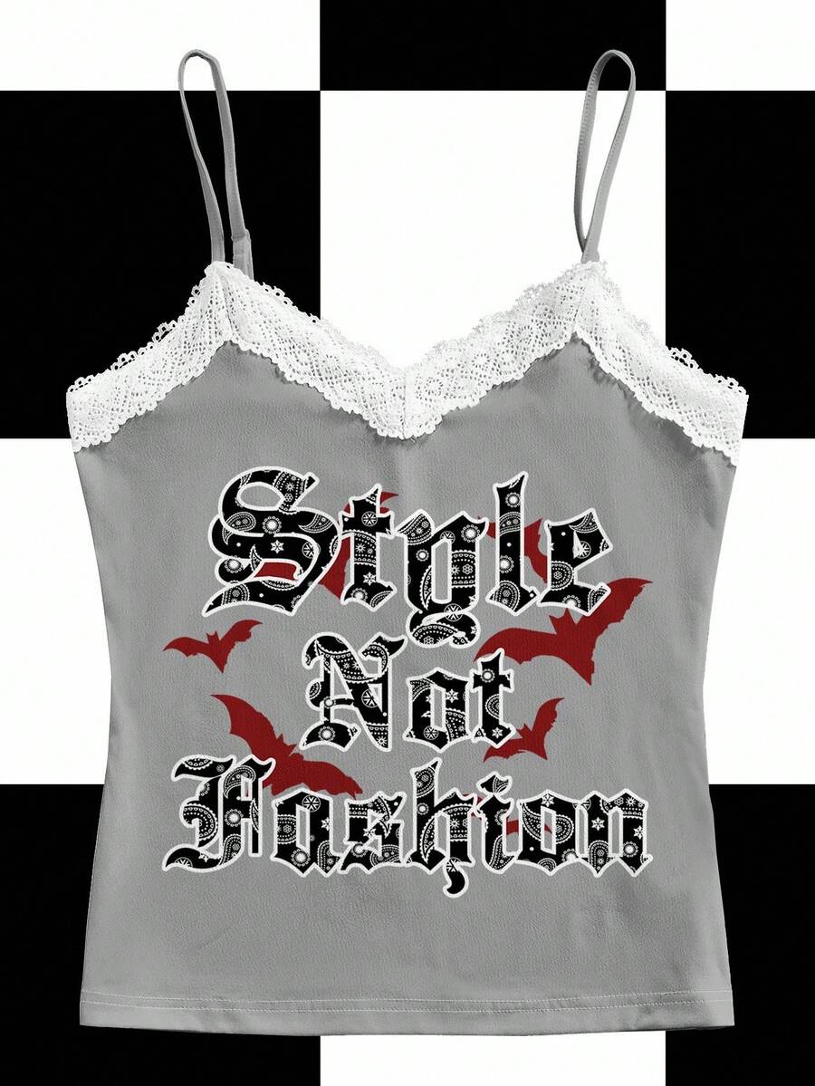 Aak Seksowna koszulka z odkrytymi plecami i koronką Y2K, z nadrukiem w kształcie nietoperza i gotyckiego napisu, odpowiednia na imprezę i Halloween - Biały - Zobacz 1