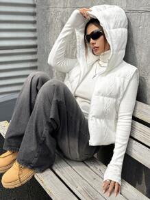 SHEIN ICON 性感女孩休闲背心夹克白色连帽羽绒背心秋冬