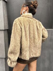 SHEIN ICON 秋冬欧美辣妹休闲开襟仿皮草大衣 - 彩色 - 查看 2