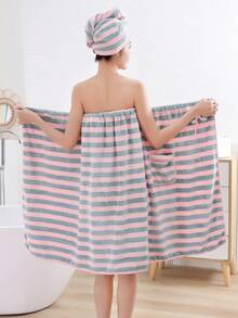 SHEIN 女士条纹柔软舒适浴袍/浴帽两件套 - 藕粉條紋 - 查看 4