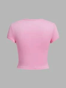 SHEIN EZwear 4 peças Camiseta Casual Feminina Slim de Gola Redonda de Manga Curta, Adequada para o Verão - Multicolorido - Ver 12