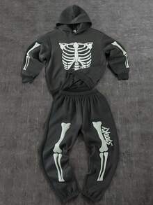 2 pièces Ensemble de survêtement en tricot pour enfants/pré-adolescents garçons, sweat-shirt à capuche et pantalon de jogging confortables et décontractés avec graphique en feuille d'aluminium