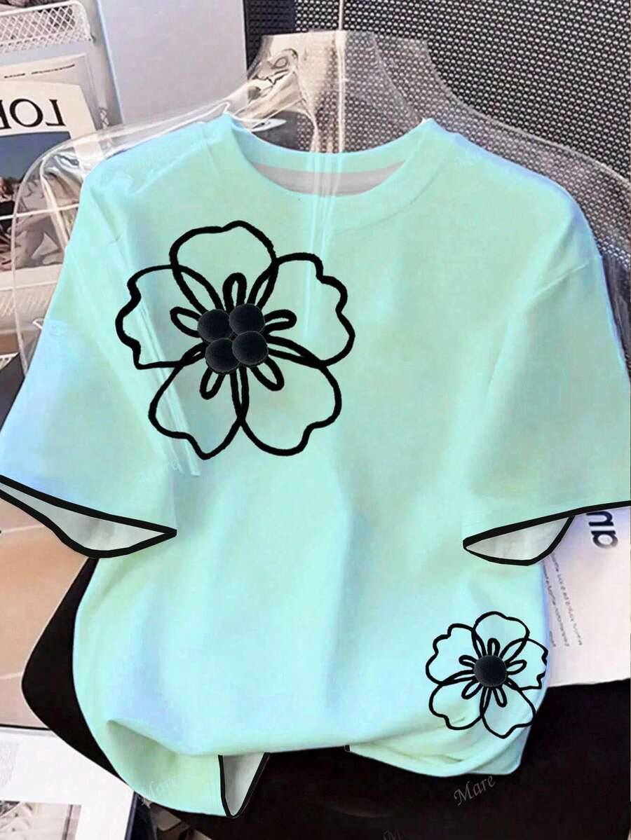 SHEIN LUNE 女士花卉印花休闲圆领短袖T恤，夏季 - 綠色 - 查看 1