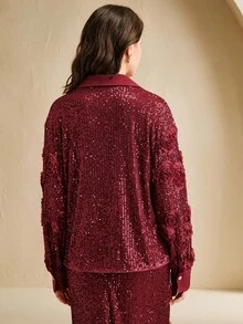 Anewsta Áo sơ mi tay dài cổ tròn đính sequin trơn màu dành cho nữ - Đỏ - Xem 2