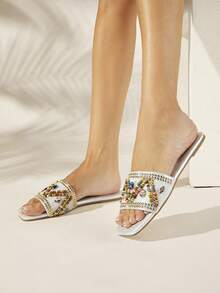 SHUZIA Sandalias planas para mujer, decoradas con cuentas de arroz de colores y pedrería a la moda - Plateado - Ver 5