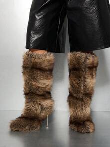 SUMWON WOMEN 奢华仿皮草及膝高筒冬季靴金属金色高跟时尚宣言寒冷天气鞋履毛绒长靴晚会魅力 - 杏色 - 查看 5