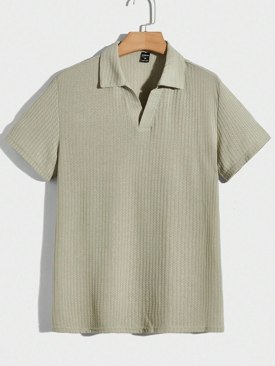 Manfinity RelaxMax Men Solid Waffle Knit Polo Shirt Plain Mint Green Vacation Basic Polo Shirt - Mint Green - View 1