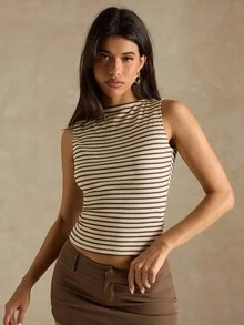 SHEIN BAE Áo ba lỗ kẻ sọc thường ngày cho nữ, Quần áo mùa hè, mùa thu cho nữ, Quần áo mùa đông cho nữ, Trang phục Halloween, Áo nâu, Áo sọc - Nhiều màu - Xem 6