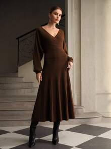 ZEYLAH 2pcs/Set Knitted V-Neck Off-Shoulder Knitted Sweater Set, Autumn/Winter - Coffee Brown - View 6