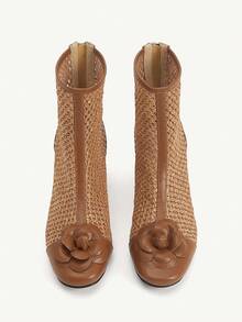 CUCCOO CHICEST 女士秋冬新款时尚花卉尖头细高跟中跟鞋，浪漫优雅时尚牛纹黑白仿皮露跟高跟鞋，适合约会和派对 - 棕色 - 查看 8