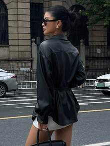 DAZY 女式休闲腰带口袋衬衫，秋季长袖上衣