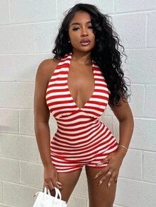 Alexandranx 女士度假红白条纹针织纹理深 V 领系腰连体裤，修身剪裁，适合派对、情人节、约会、分层穿着、圣诞节、海滩、狂欢节、复活节、波西米亚风度假 - 白色 - 查看 1