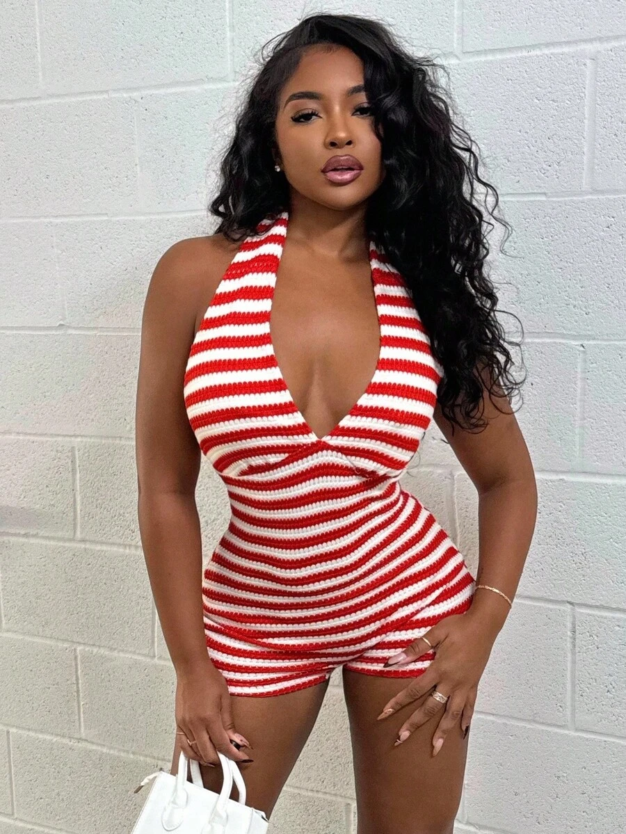Alexandranx 女士度假红白条纹针织纹理深 V 领系腰连体裤，修身剪裁，适合派对、情人节、约会、分层穿着、圣诞节、海滩、狂欢节、复活节、波西米亚风度假 - 白色 - 查看 1