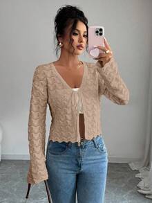 Elenzga Áo khoác len cardigan khoét lỗ thắt nơ phía trước thanh lịch dành cho nữ - Màu Khaki - Xem 3