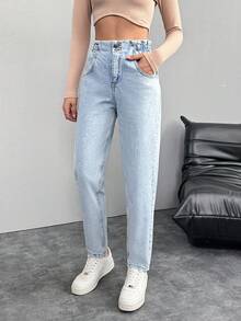 RueChic Paper Bag Waist Tapered Jeans - Dusty Blue - View 4