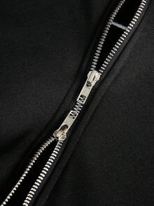 PAVTROS Manfinity Streetrush Men's Creative Text Graphic Embroidered Thermal Lined Metal Zipper Hoodie, Zip Up Hoodie, Streetwear, Black , 2000s Style , Fall Winter, Long Sleeve Top - Black - View 4