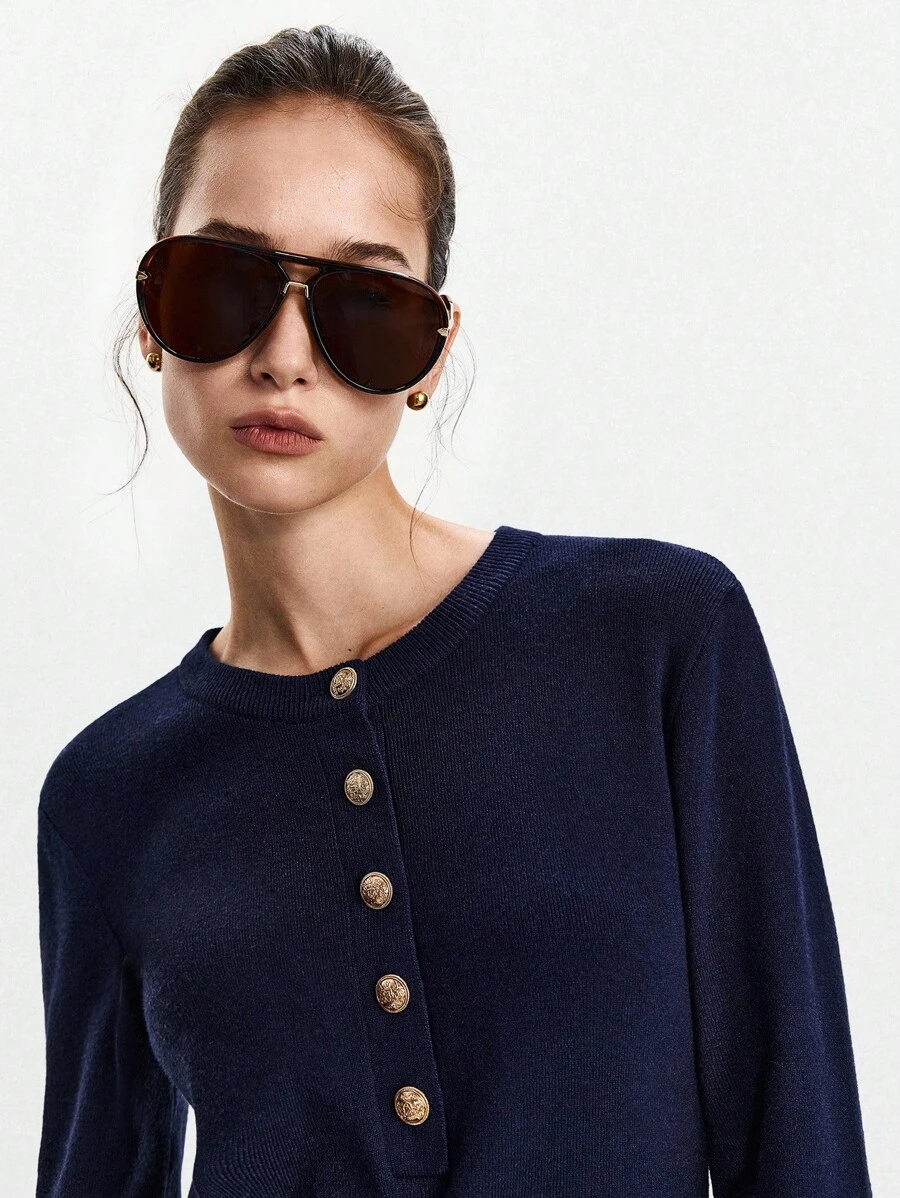 Lumivelle Women's Solid Color Round Neck Single-Breasted Casual Knit Sweater Dress Fall Winter Cloth For Women