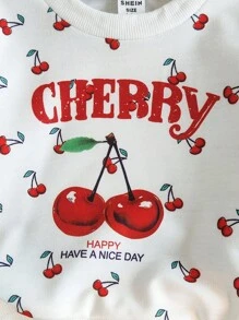 SHEIN Vintaside Kids Baby Girls' Spring/Autumn Outfit "Cherry Sweetheart" Set: Cream English Slogan Sweatshirt + Retro Blue Jeans, Cherry Print Top & Embroidered Pants, Dopamine Energetic Casual Daily Wear, Sweet & Cool Style Fall Winter,Christmas Outfit - Multicolor - View 3