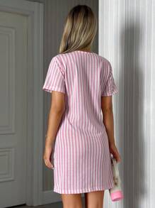 SHEIN Women Striped With Round Neck Cute Cat Print Short Sleeved Pajama Night Dress Cute Nightgown Short Night Gown Nightdress Sleep Dress