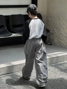 DAZY 青少年男童宽松直筒工装裤，休闲秋季款 - 灰色 - 查看 2