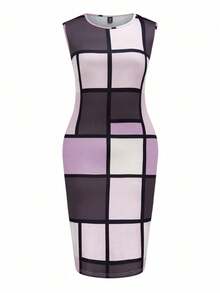 Conjunto casual de vestido sin mangas con parches de cuadros y blusa de manga larga estampada, talla grande - Multicolor - Ver 8