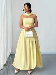 Elenzga 大码女式优雅纯色露肩不对称下摆开叉下摆百搭设计感派对连衣裙，浪漫约会长款连衣裙