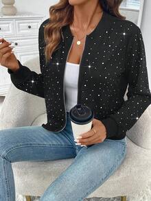 EMERY ROSE Women's Elegant Rhinestone Embellished Casual Baseball Jacket, Autumn/Winter - Black - View 7
