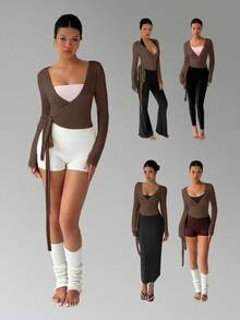 FavEase 粉色瑜伽健身运动短款紧身裹身毛衣，V 领长袖弹力柔软开衫，简约优雅百搭女士衣橱必备单品，春秋季