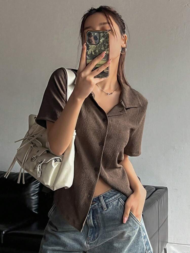 Collared Short Sleeve Single-Breasted Blouse For Teenage Girls
